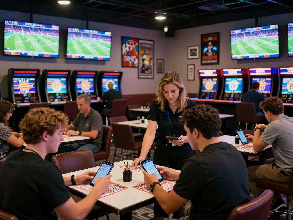 Soi kèo action during an exciting sports betting event with engaged patrons reviewing betting slips