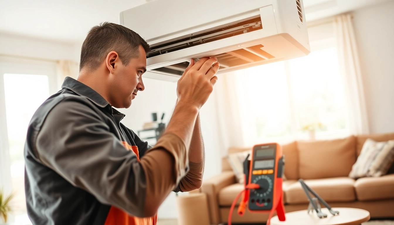 Air Conditioning Repair Tampa by a professional technician in a modern living room setting.