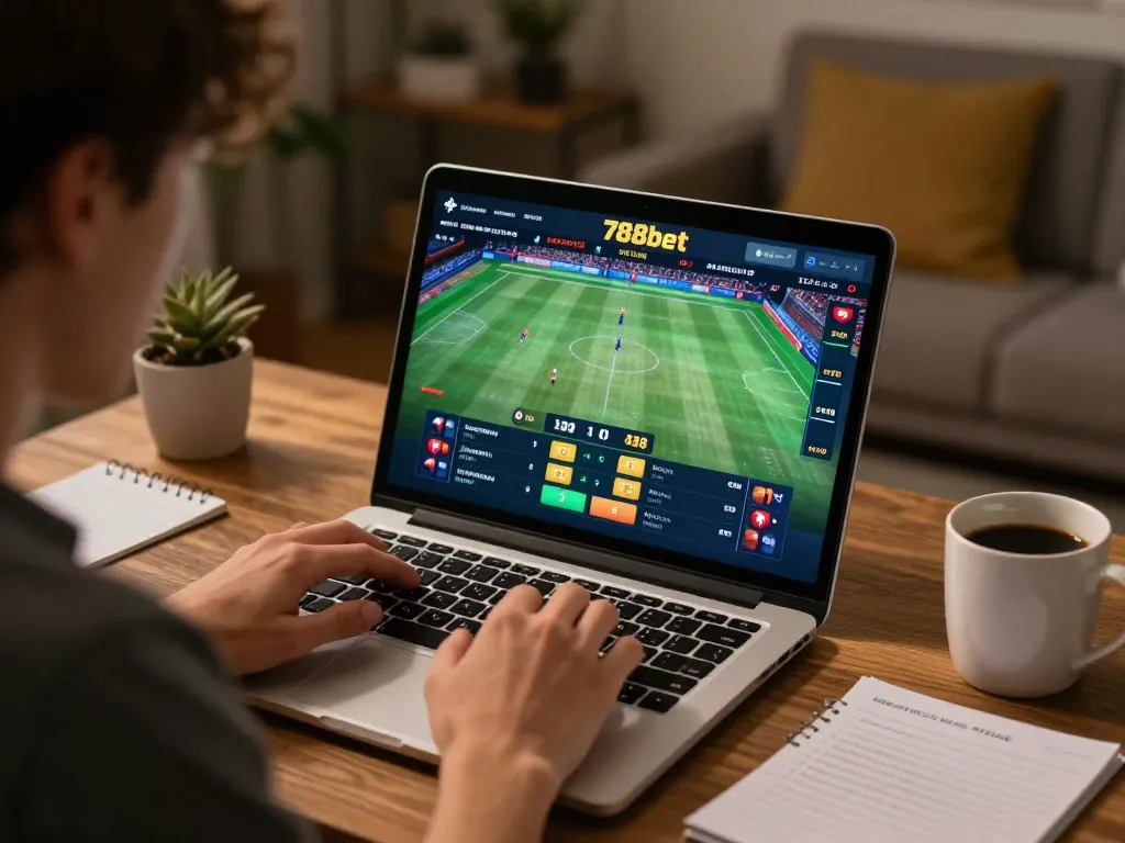 Engaging in live sports betting on 788bet with a laptop in a cozy home office.
