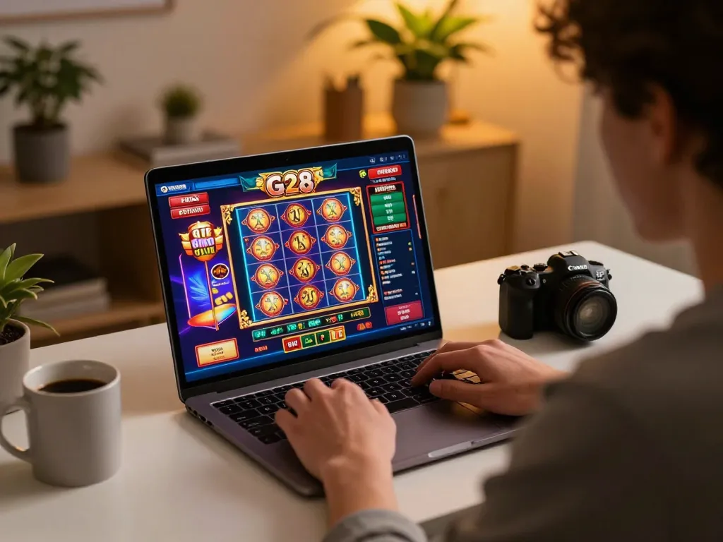 Player enjoys vibrant online casino games on G28, showcasing engagement and strategy in a cozy atmosphere.