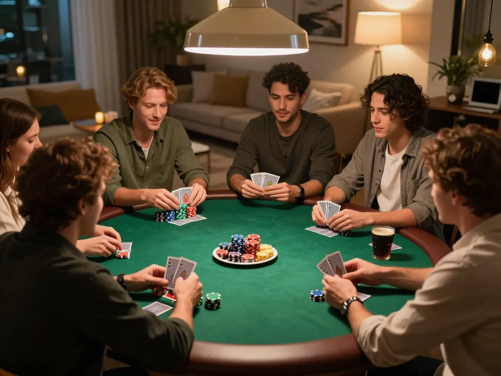 Players at home poker night enjoying strategic gameplay with fly88 chips stacked on the table.