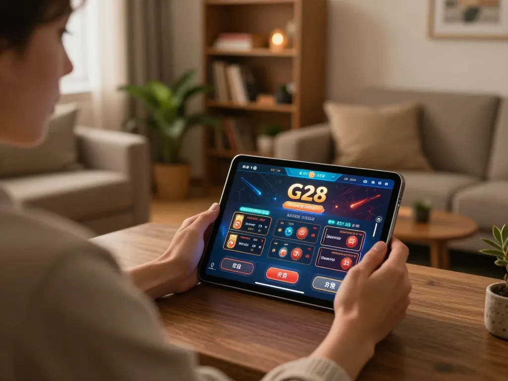G28 player strategizing on tablet in a cozy personal space for online casino gaming