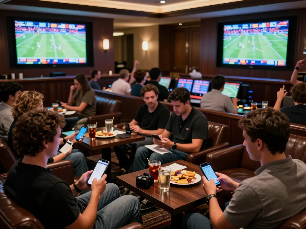 Active sports betting scene with enthusiastic bettors using nowgoal app to monitor live scores and place bets.