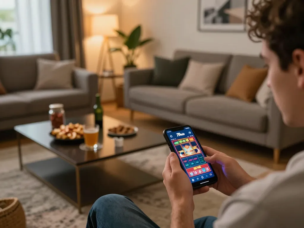 Engaging with 79win app in a cozy home environment, enhancing online gambling experience.