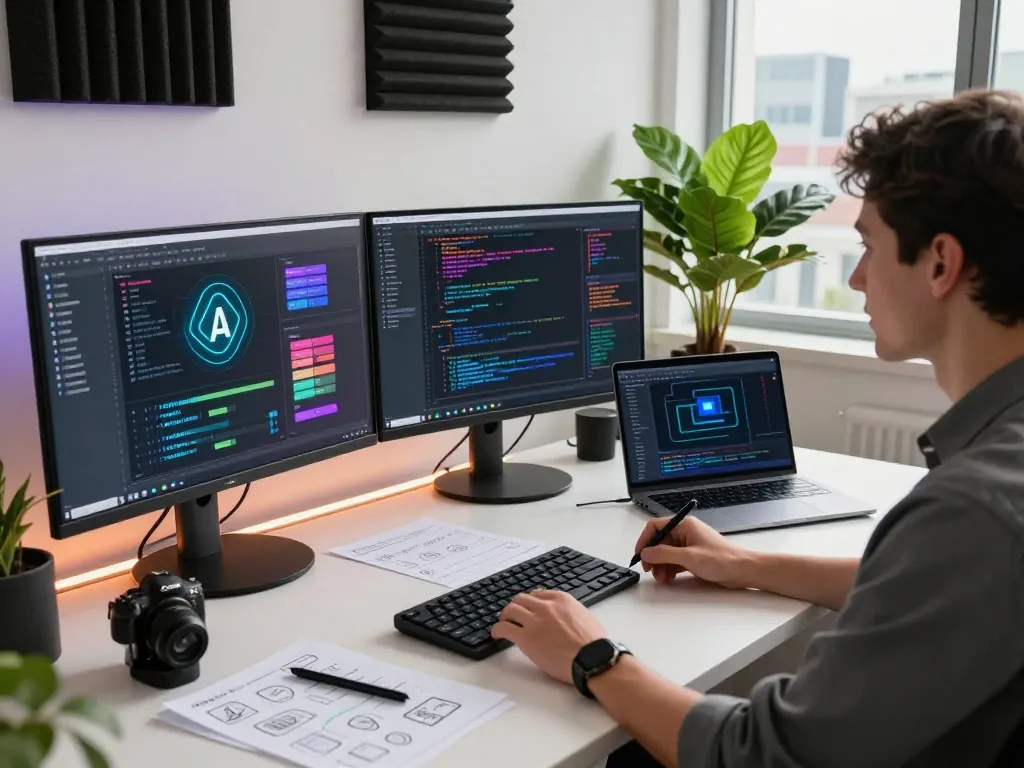 Innovative workspace featuring developer using spicy AI applications and tools, vibrant tech environment and city view.