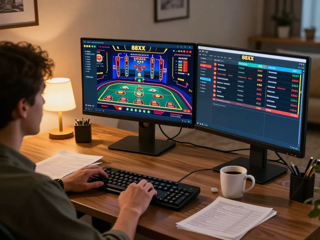 Player engaging with the 88xx casino interface on multiple screens during an online gaming session, showcasing an immersive atmosphere.