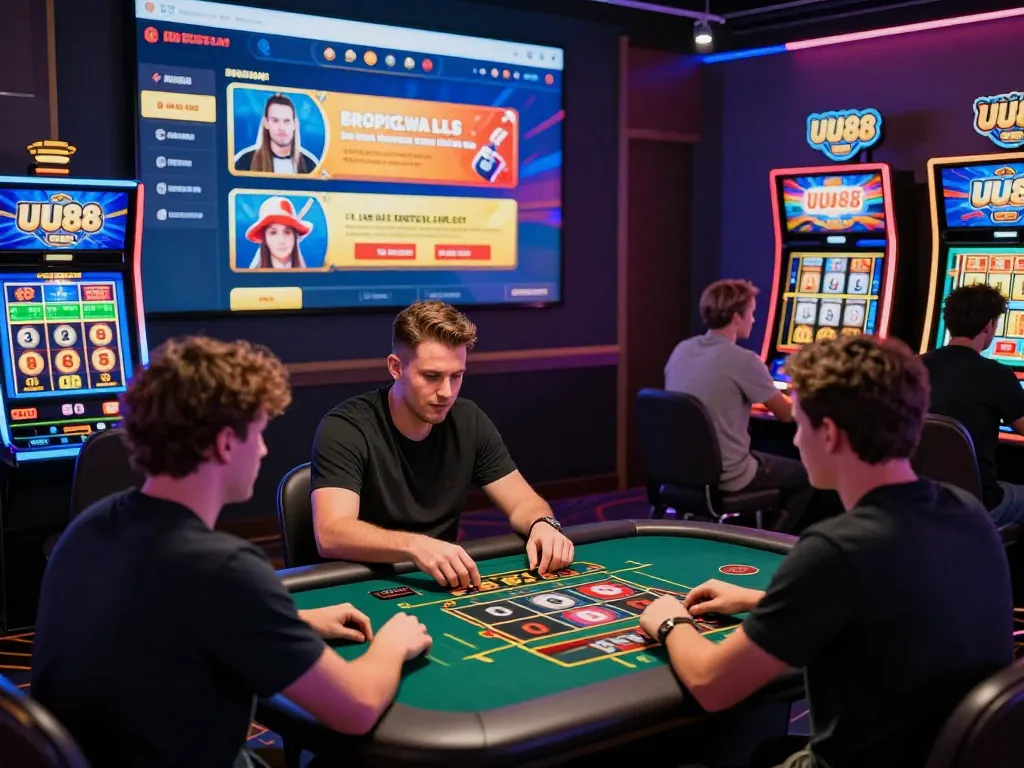 Engaged players at UU88 online gambling platform, showcasing excitement in sports betting and live casino games.