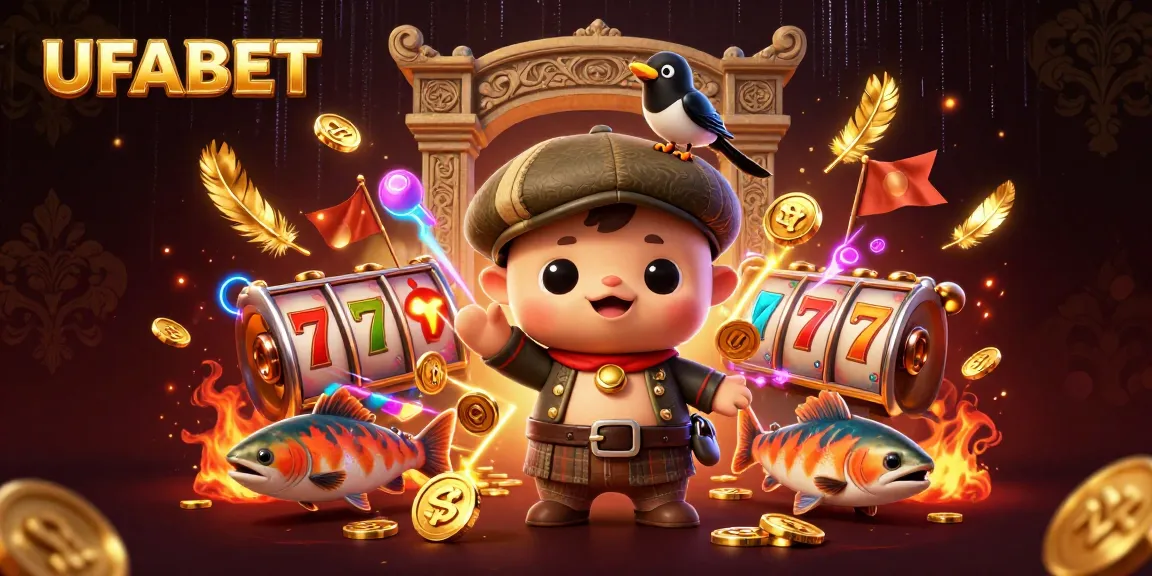 Spin the reels with UFABET's vibrant slots, featuring playful characters and gold coins.