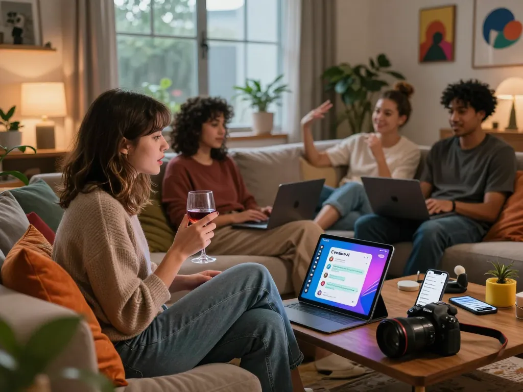 Engaging group discussion about nsfw ai in a cozy living room with tech gadgets.