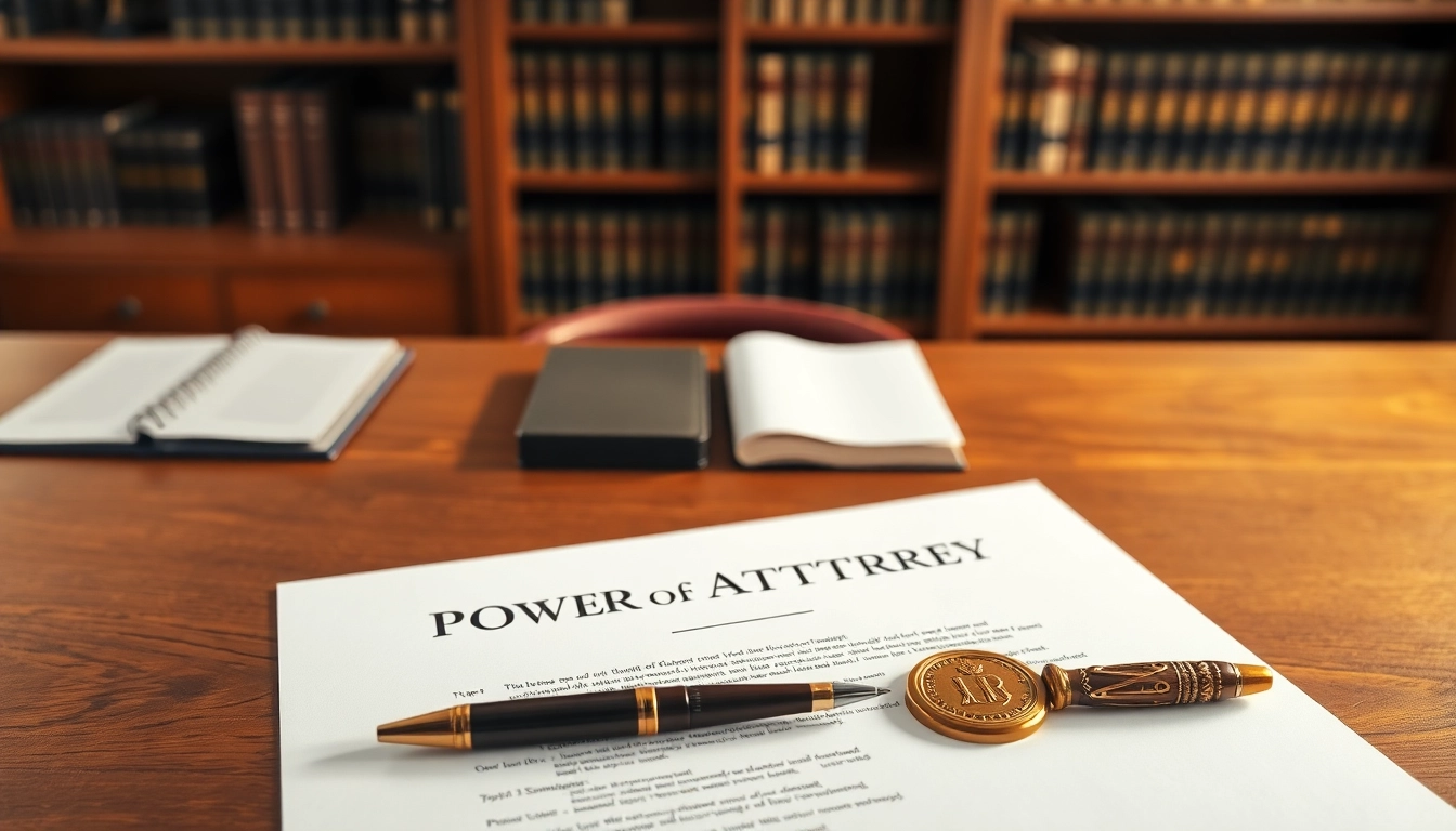 Person signing a Power of Attorney document on a desk with legal tools.