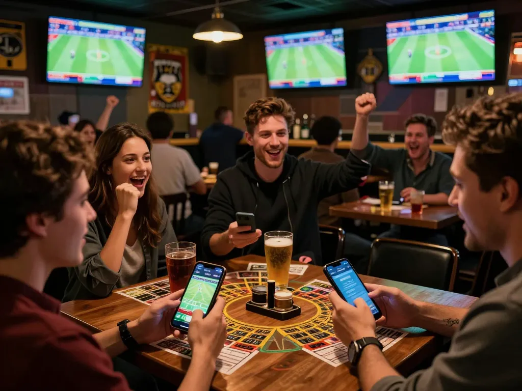 Engaging patrons using the de bet app for live sports betting in a vibrant sports bar.