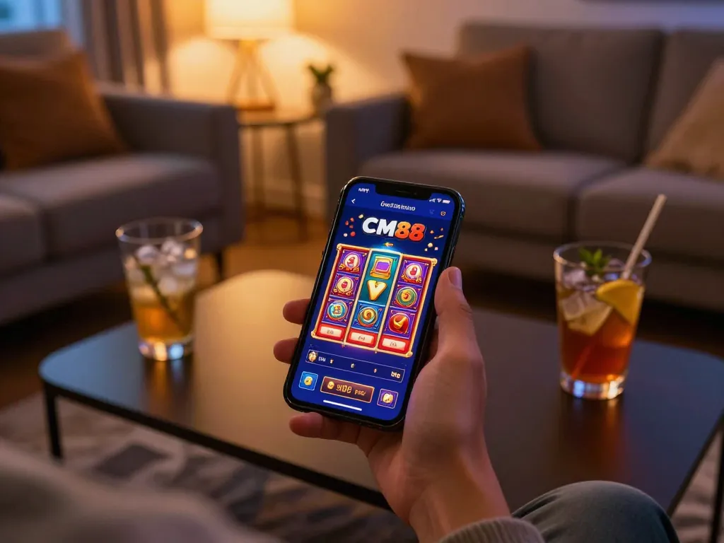 Engaging with the CM88 casino app on a smartphone while enjoying a cozy gaming experience