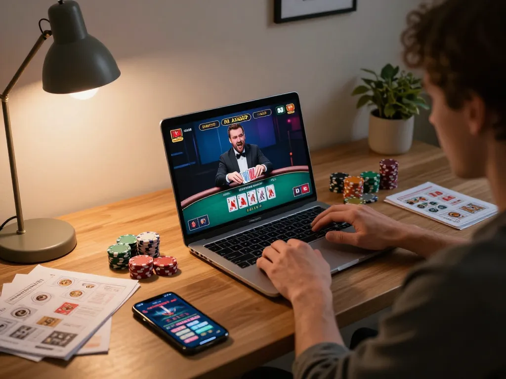 Luck8 player enjoying an online casino game on laptop with warm lighting and chips