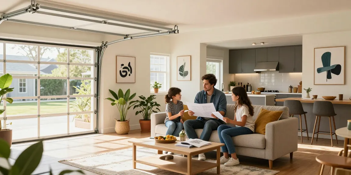 Garage conversions showcasing a bright living space with family discussing design ideas comfortably.