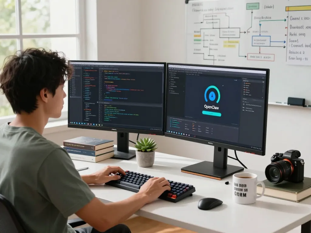 Open Claw AI assistant interface displayed on dual monitors in a modern home office.