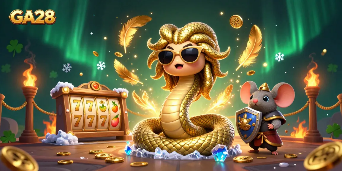 Engage with GA28 in a vibrant slot game scene featuring Medusa and a warrior mouse.