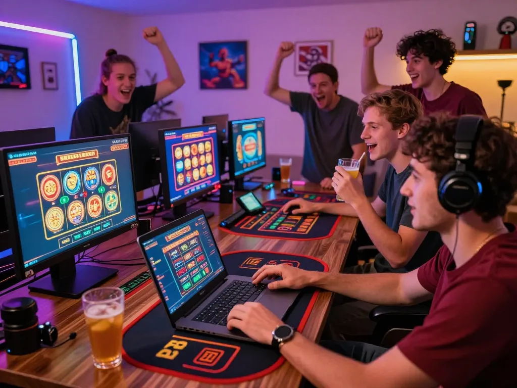 Engaged friends enjoying online gaming at https://tt88.gr.com/, featuring vibrant casino games and a lively atmosphere.