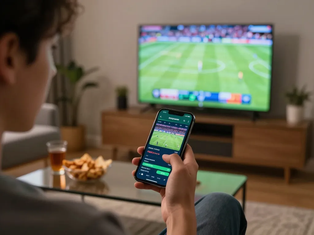 Engaged sports bettor checking tỷ lệ kèo bóng đá on mobile app during live game for better odds.