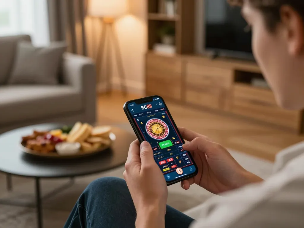 Players enjoying SC88 online gaming experience on smartphone in a cozy living room.