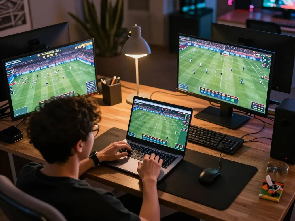 Player engaging in live sports betting with fly88 online gambling platform, showcasing excitement and strategy.