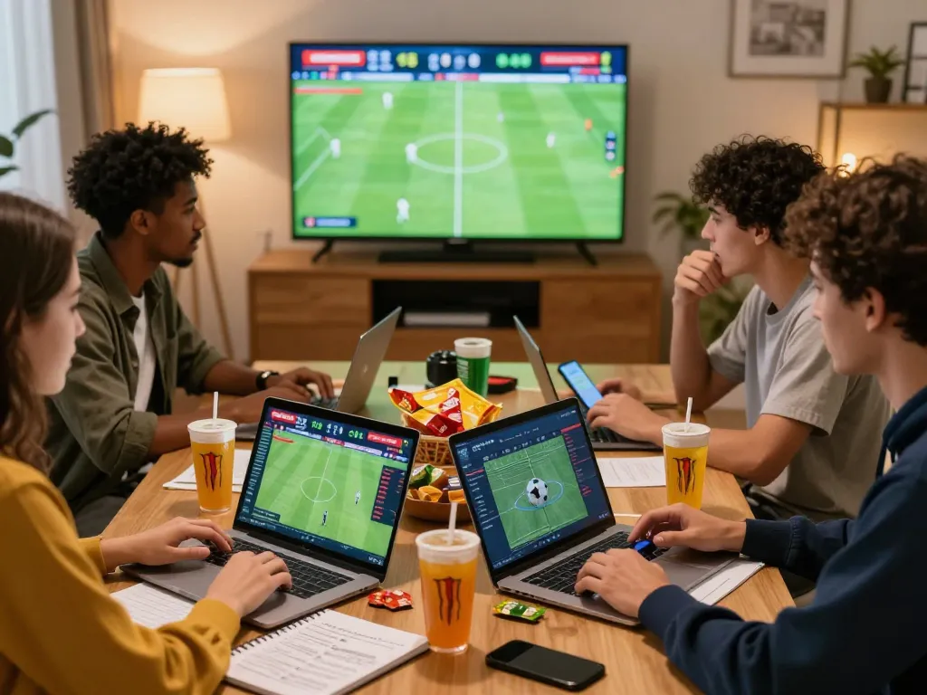 Exciting scene of friends discussing trang cá cược bóng đá strategies while placing bets online in a lively environment.