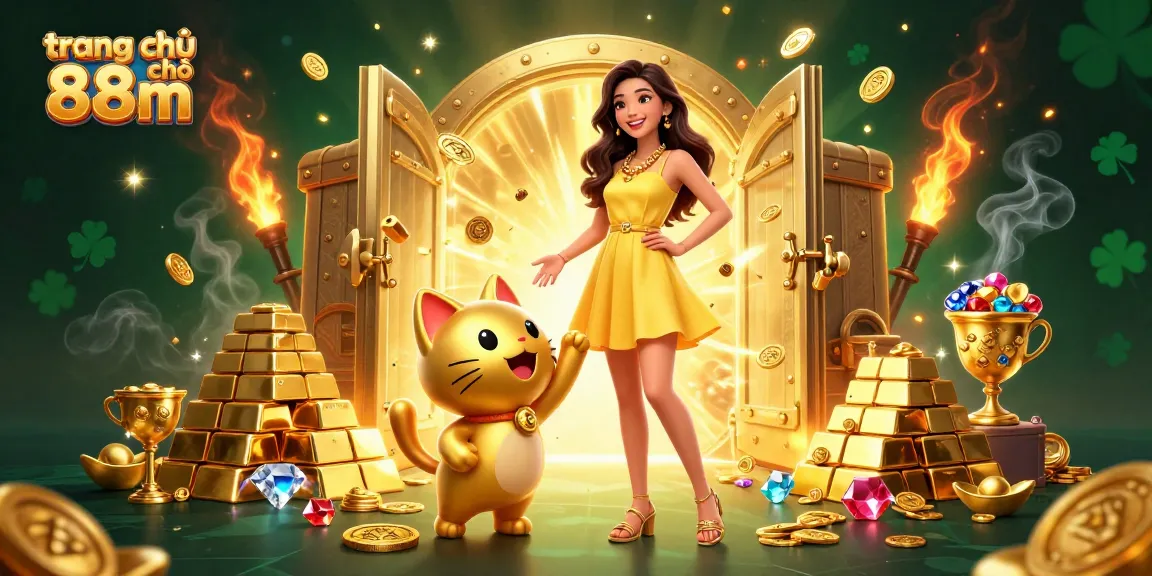 Engage with the thrilling world of trang chủ 88m as a cheerful player interacts with a lucky cat amidst gold and jewels.