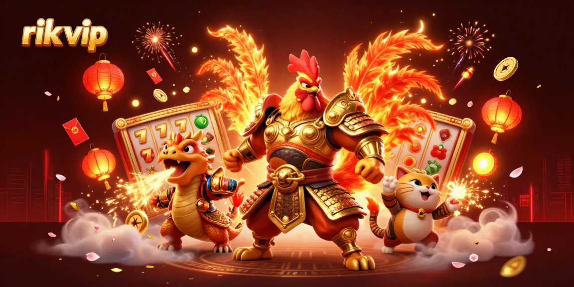 Experience thrilling gameplay at rik vip with a vibrant scene of a rooster warrior and dragon hatchling.