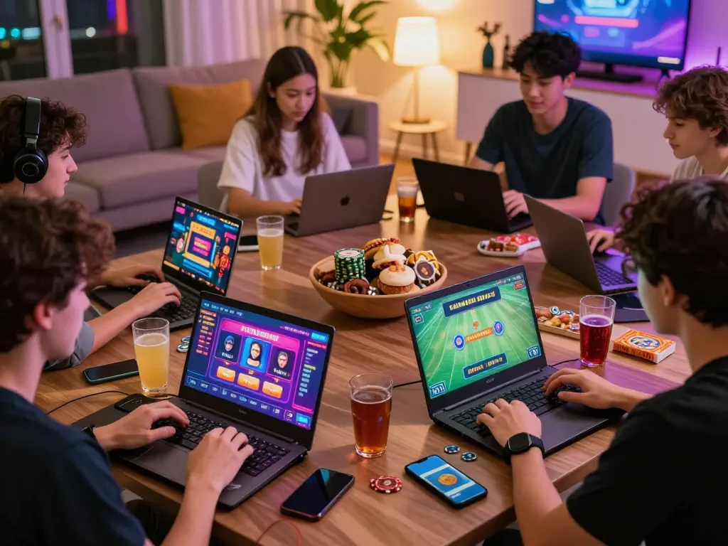 Engaged players enjoying hit club online games in a vibrant living room.