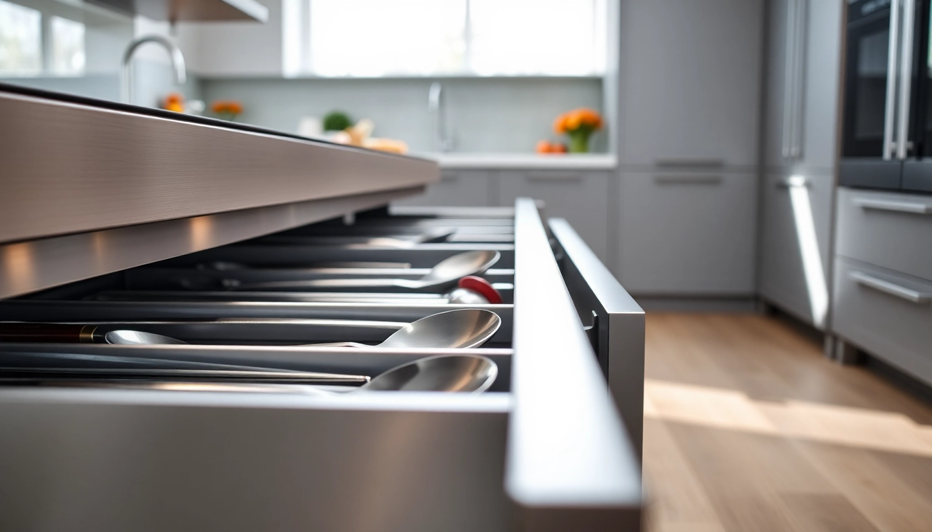 Organized metal drawer system showcasing functionality and design in a modern kitchen.