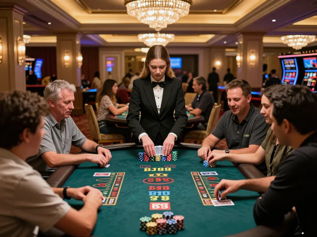 Players strategizing their bets during an intense game of blackjack at BJ88 Casino.