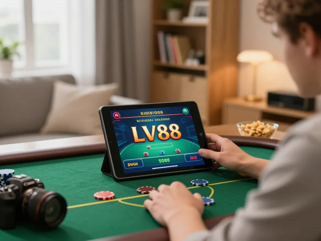Engaged player participating in an LV88 poker game on a tablet in a cozy home setting.