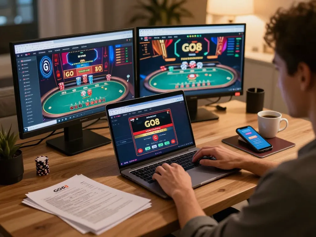 Engaged player using the GO8 online casino interface on laptop for strategic bets.