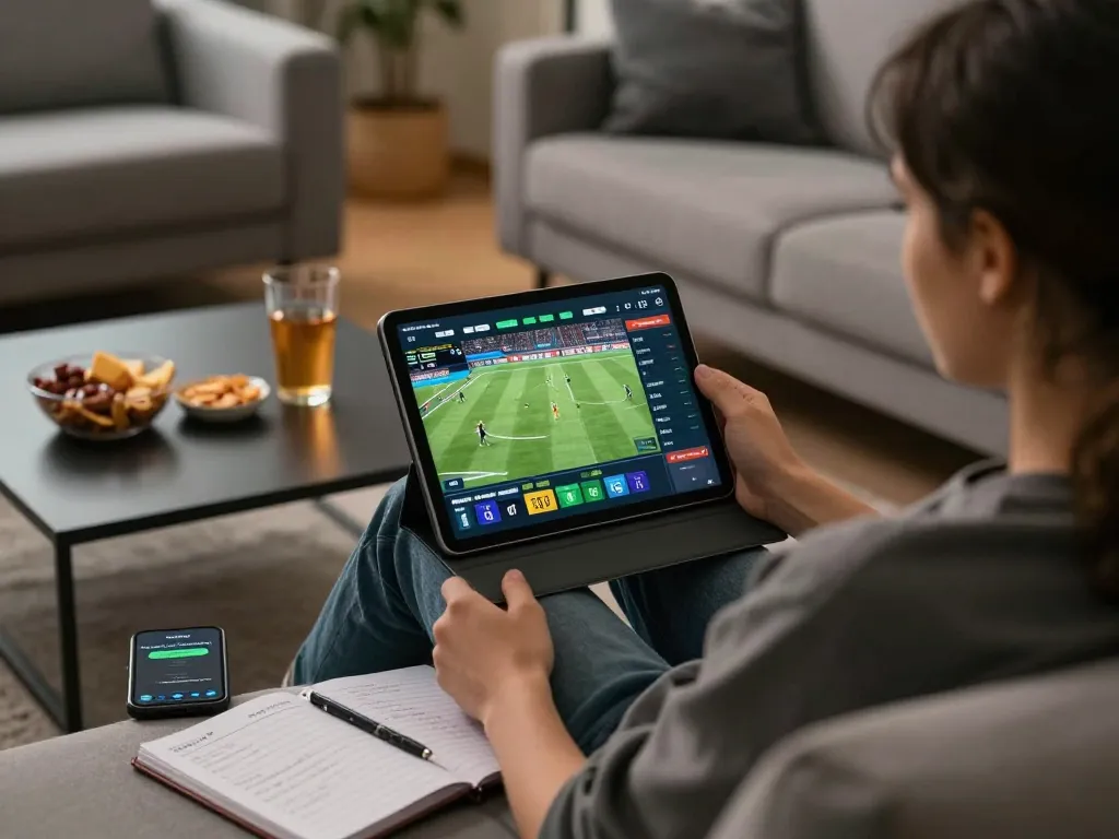 Engaged in tỷ lệ bóng đá trực tuyến betting, a relaxed gamer interacts with live betting odds on tablet.