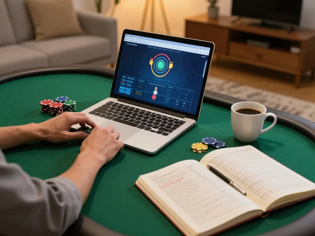 Player enjoying BL555 online poker while managing bankroll in a cozy home setting.