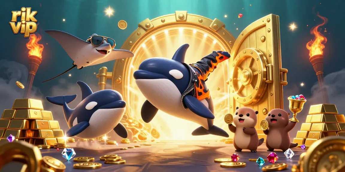 Experience jackpot thrills with rik vip as cartoon characters celebrate in a treasure-filled underwater scene.