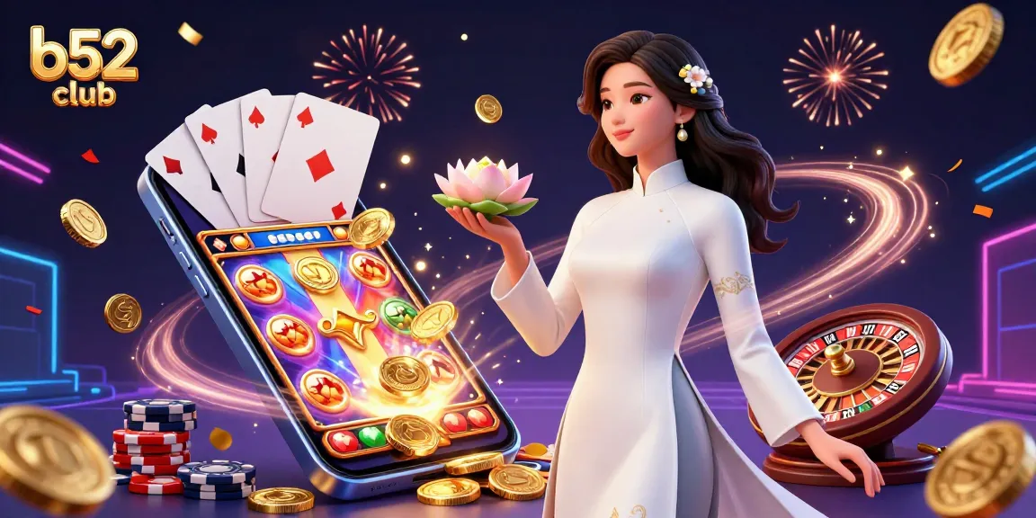 Experience the excitement of b52 club with vibrant slot games and stunning graphics in a festive 3D illustration.