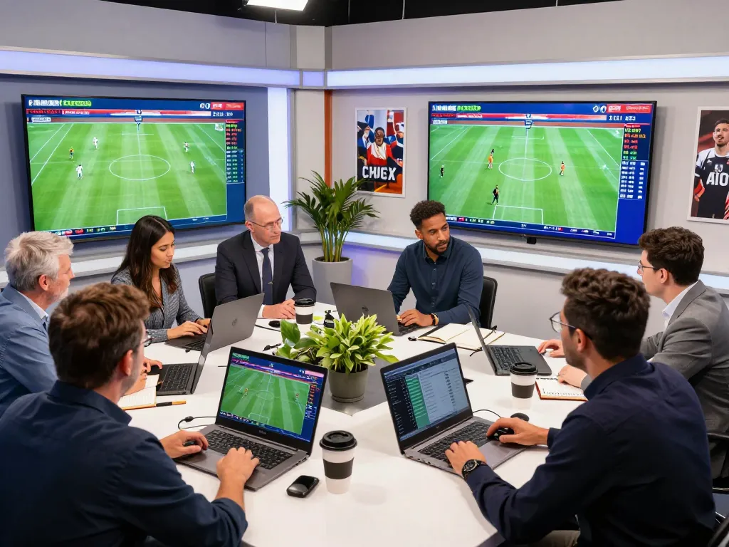 Live data analysis on nowgoal with football scores and analytics in a vibrant studio setting.