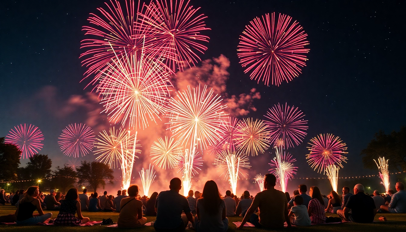 Enjoying cheap fireworks near me in a bright, festive celebration with families watching colorful bursts.