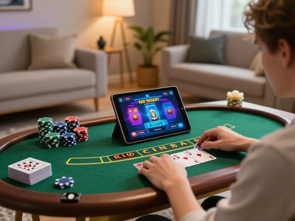 Player enjoying live dealer blackjack on tablet in a cozy home setting with 88vv.