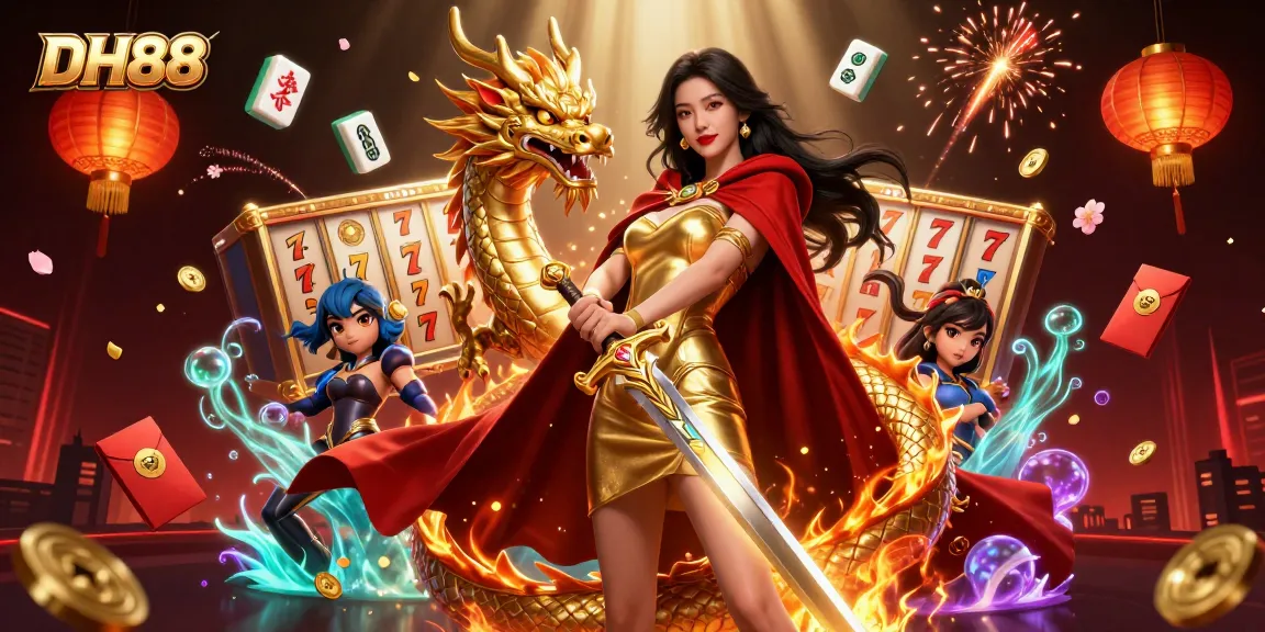 Engage with thrilling gameplay at DH88 with vibrant casino-themed illustration showcasing a warrior queen and golden dragon.