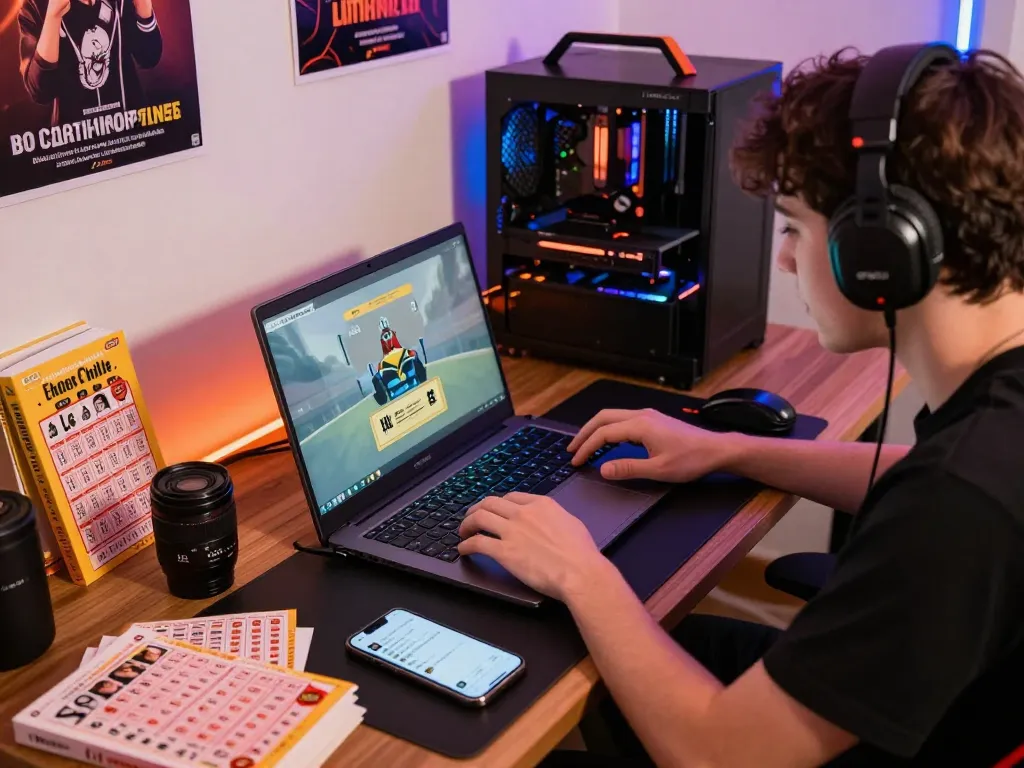 Engaging scene of a person playing lo de online with gaming accessories in a cozy room.