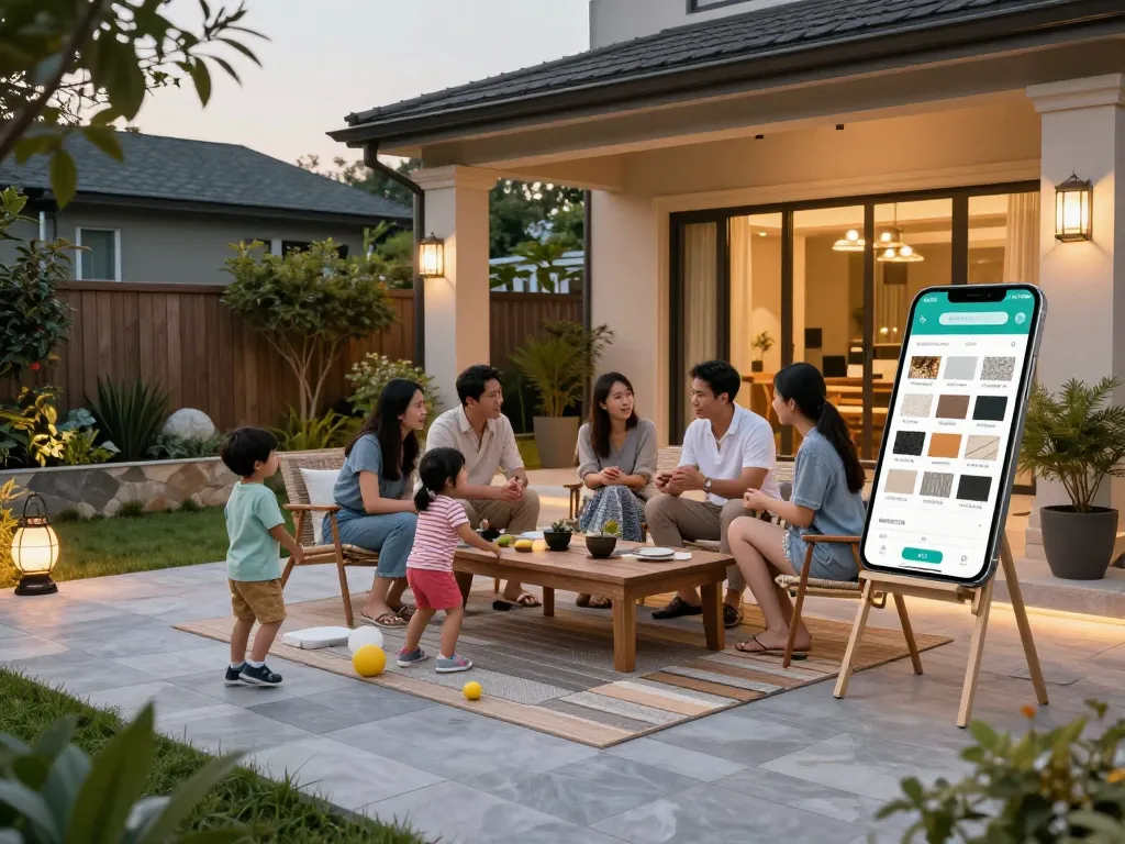 Customizing a veranda configurator with family in a beautiful backyard setting filled with plants.
