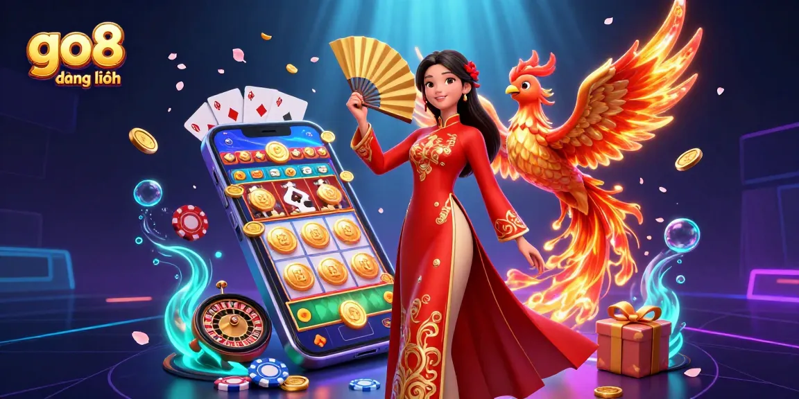 Playing thrilling games at go8 đăng nhập, a stunning Vietnamese woman and a phoenix celebrate a jackpot dream.