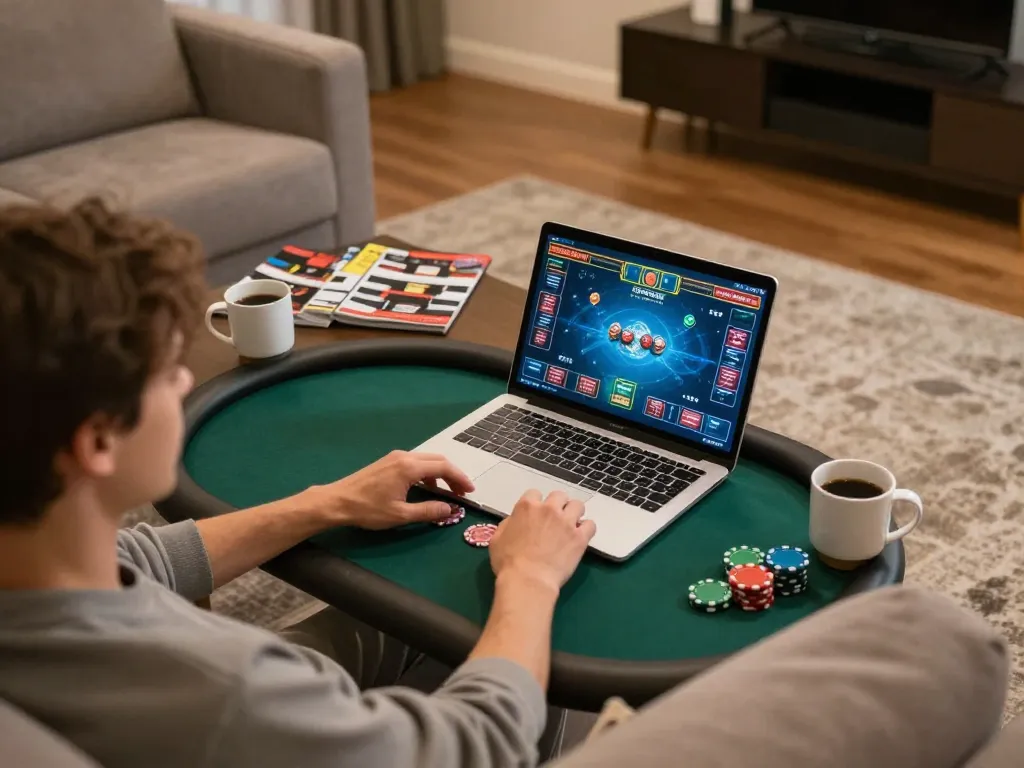 uu88 player enjoying an online poker game in a cozy home setting with strategy notes
