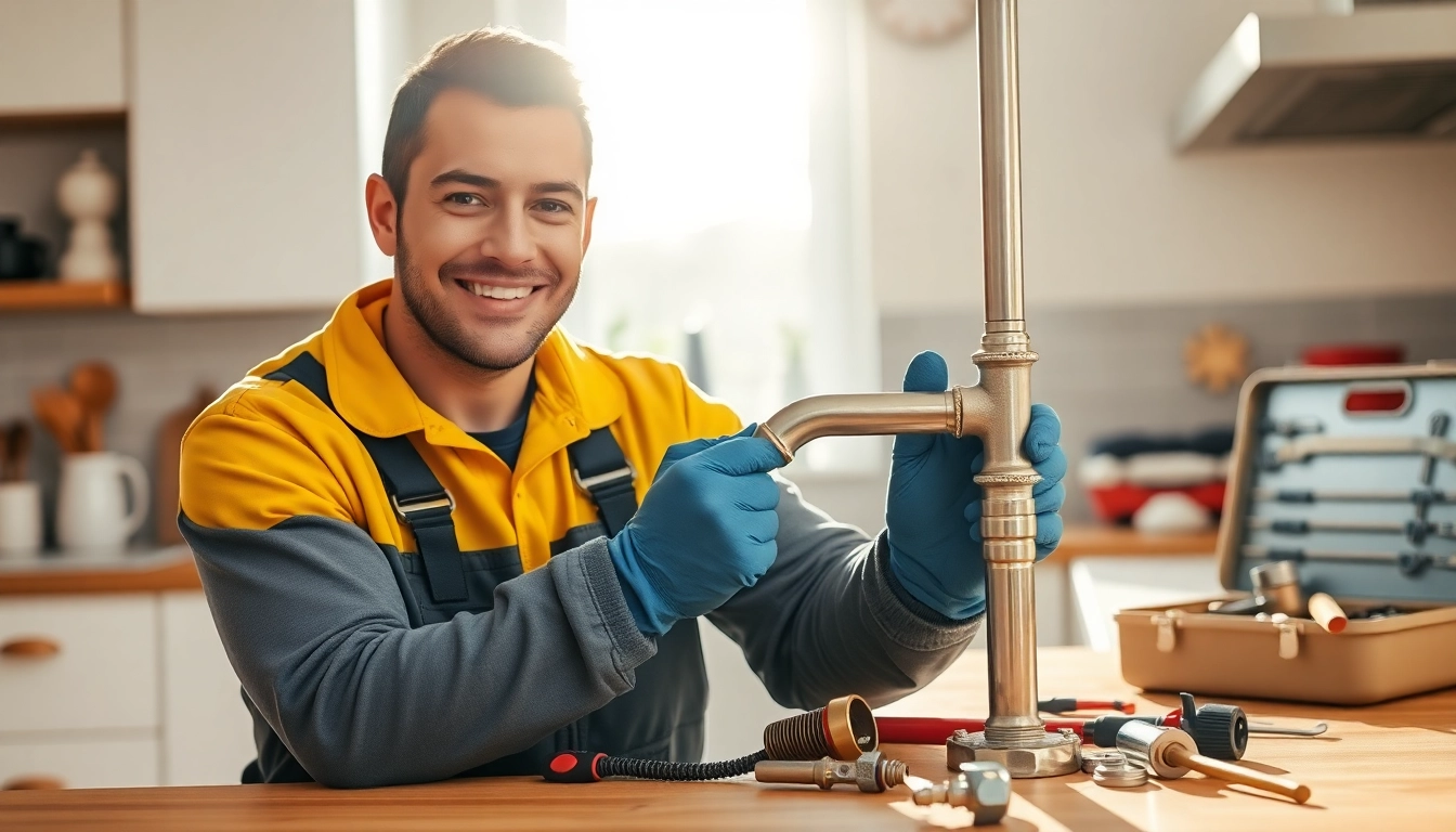 Plumber near me repairs a leaky pipe in a bright, modern kitchen.