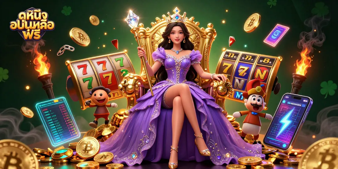 Engage with ดูหนังออนไลน์ฟรี while experiencing a dynamic slot machine scene filled with 3D coins and golden elements.