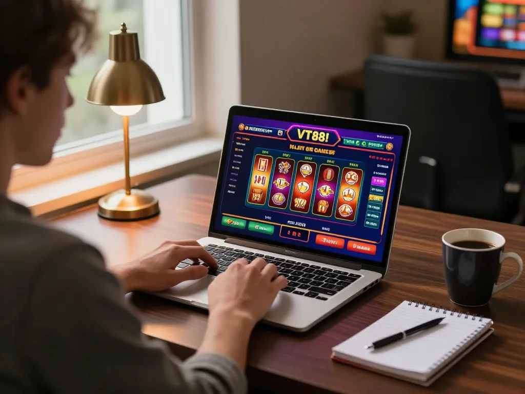 Engaged user playing on VT88 online casino with laptop, showcasing vibrant games and a strategic setup.