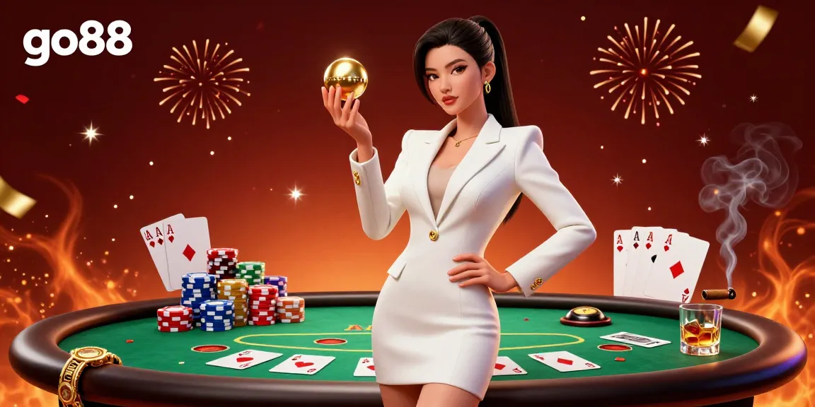 Experience the thrilling gaming action at go88 with rich casino elements and a confident dealer showcasing luxury.