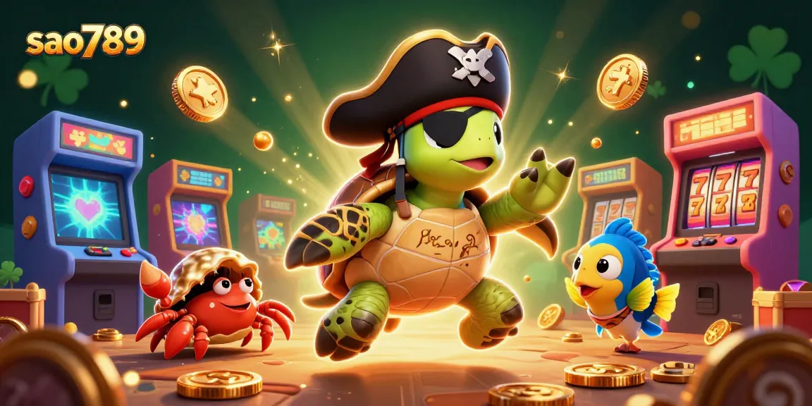 Sao789 showcases a pirate turtle amid casino excitement, with slot reels and vibrant gaming elements.