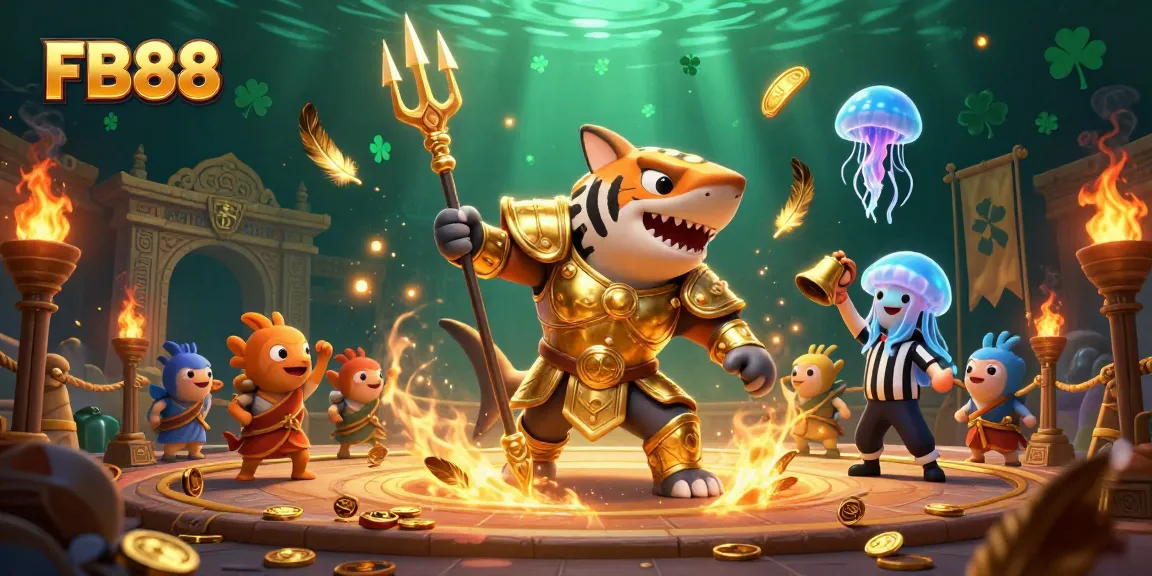 Experience the thrilling FB88 gaming scene with a shark gladiator, vibrant underwater action!